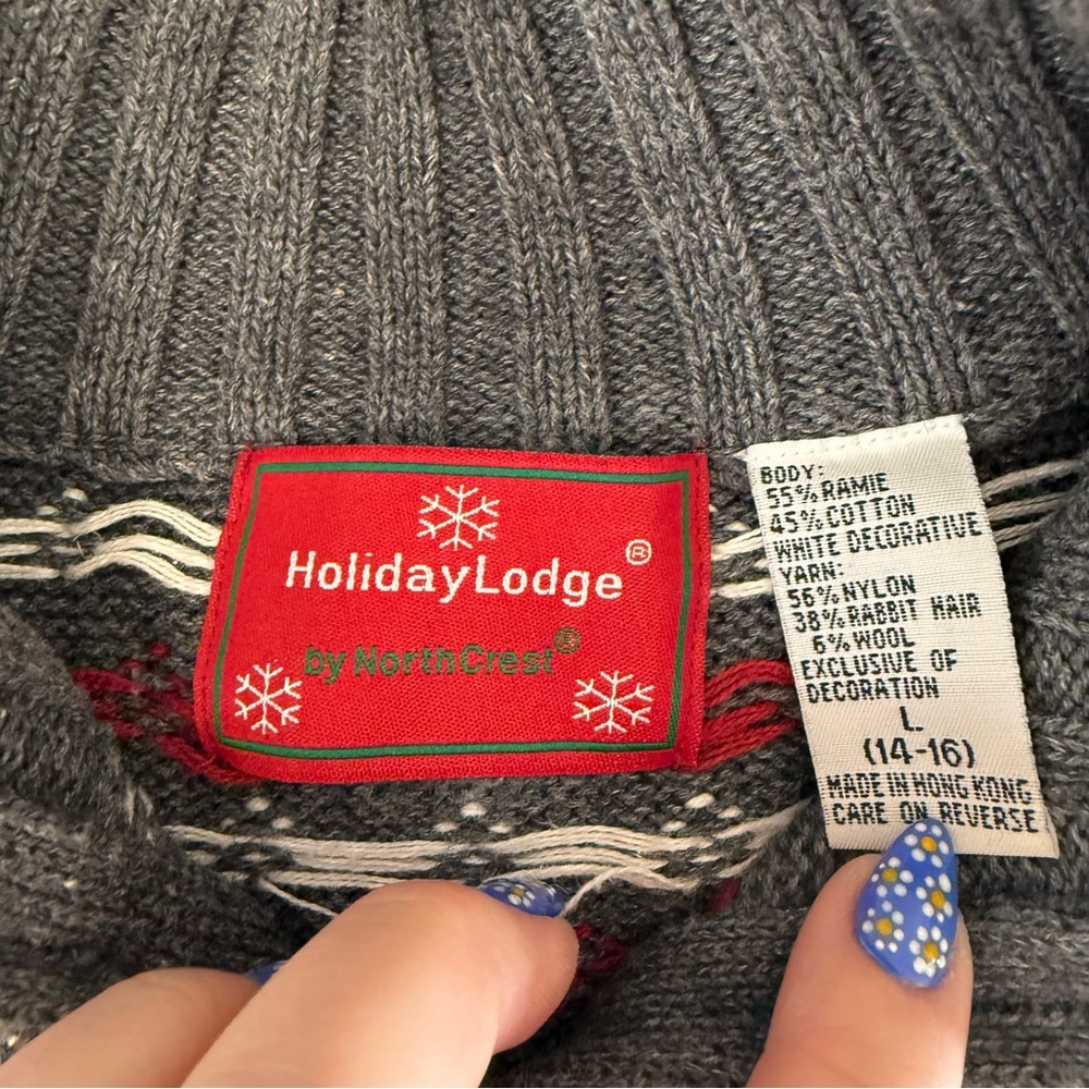 Vtg Holiday Lodge Grey Full Zip Holiday Christmas Sweater Holly Berry Snowflake - Picture 6 of 7